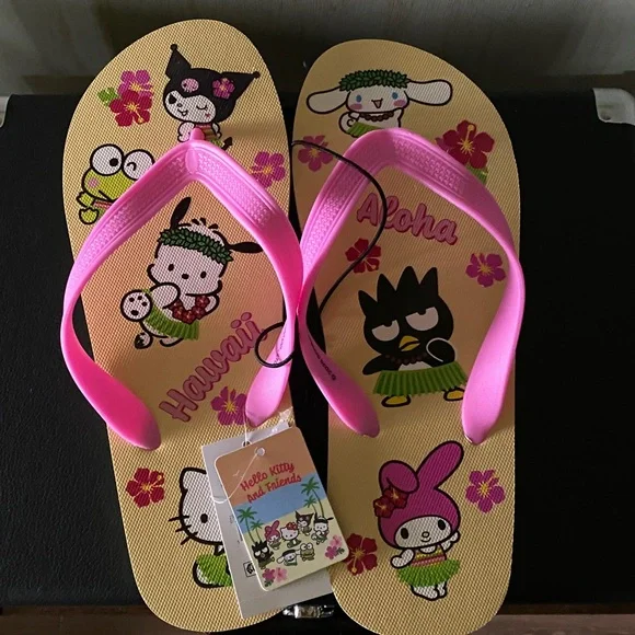 Sanrio Yellow Flip Flops with Pink Straps — Hello Kitty & Friends Hawaiian Print - Picture 2 of 2